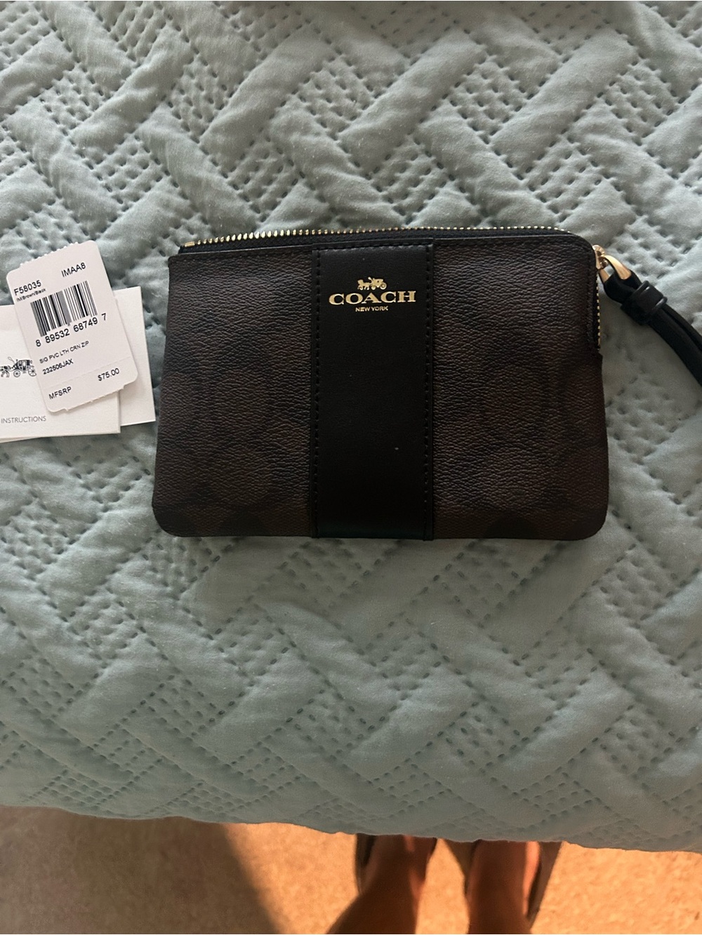 Coach Small Signature Zip Wristlet in Brown and Black brand new with tags